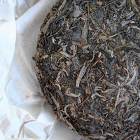 Pu'er sheng pu spring harvest, vintage and aged in pressed cake, from Nannuo Yunnan, forest tea, leaf detail