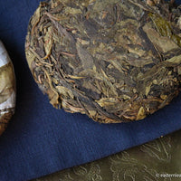 Pu'er shengpu from ancient trees gushu, laoyezi or huangpian, in pressed cake from Lunan and Pasha mountain, Yunnan, China