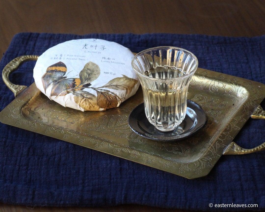 Pu'er shengpu from ancient trees gushu, laoyezi or huangpian, in pressed cake from Lunan and Pasha mountain, Yunnan, China